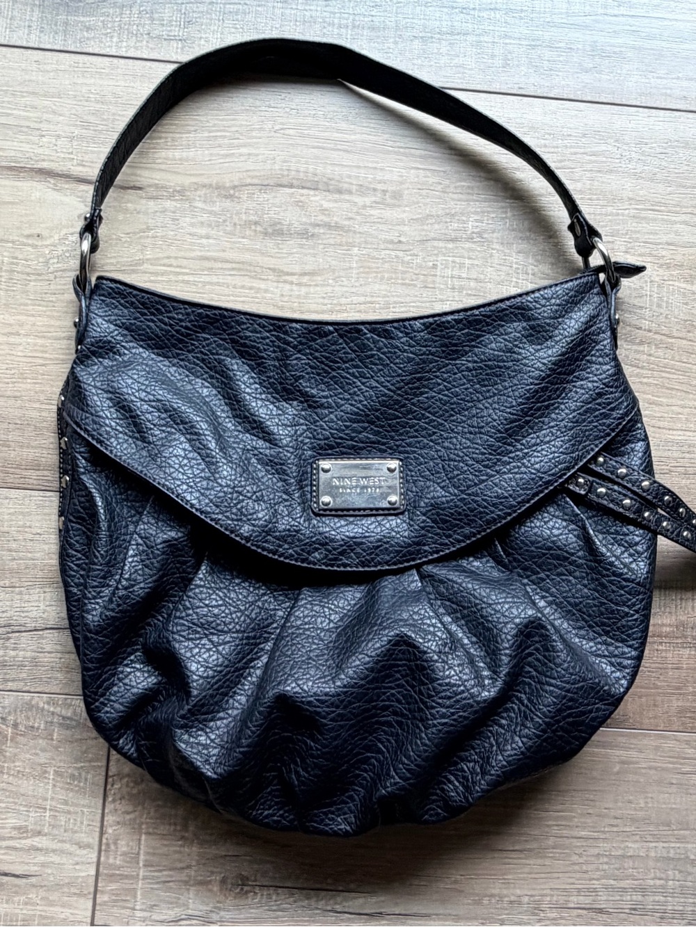 Nine West Black Textured Leather Shoulder Bag with Stud Accent